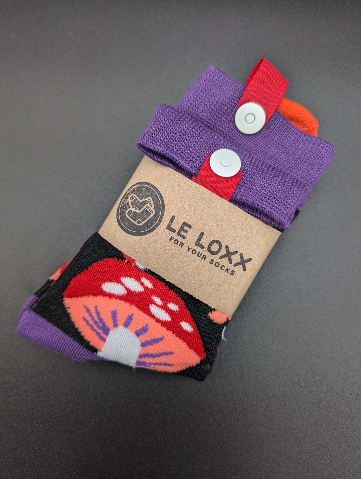 Mushroom Purple Novelty Crew Socks – Magnetic Lock and Loop Design - Le Loxx