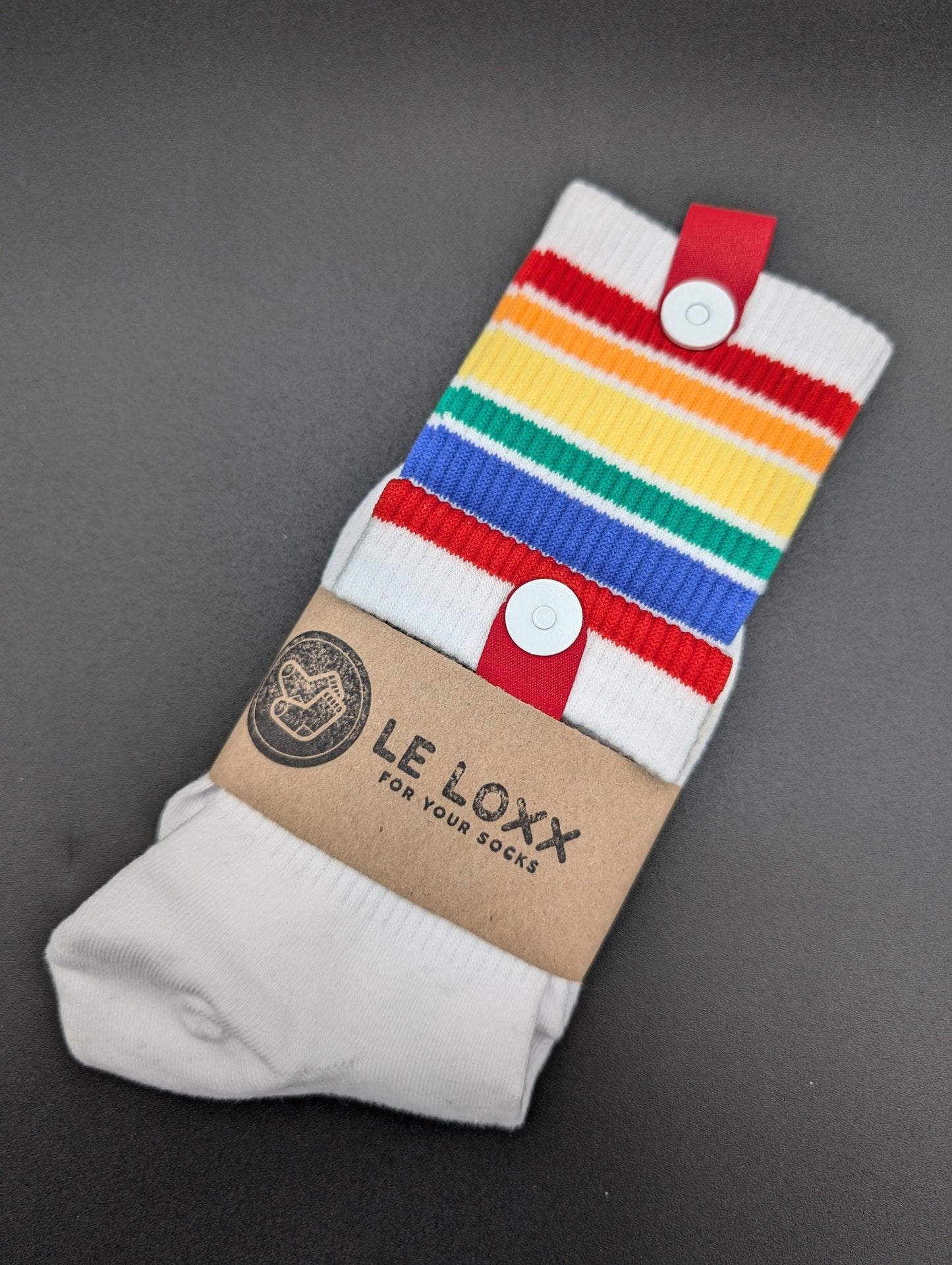 Rainbow White Stripes High Ankle Socks – Magnetic Lock and Loop Design - Le Loxx