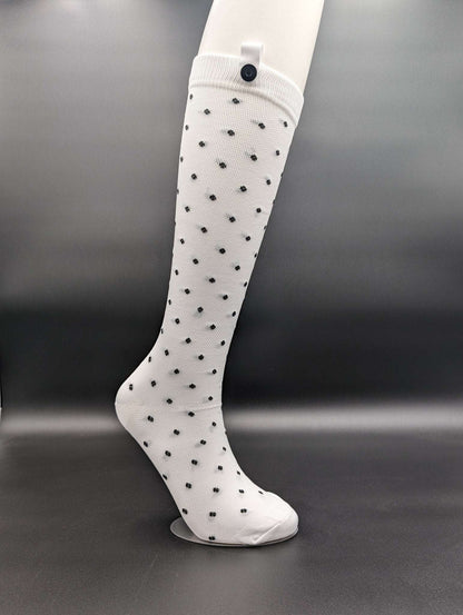 Montreal White Polka Dot Compression Socks – Magnetic Lock and Loop Design - Le Loxx