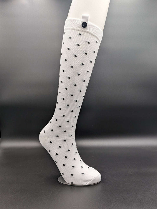 Montreal White Polka Dot Compression Socks – Magnetic Lock and Loop Design - Le Loxx