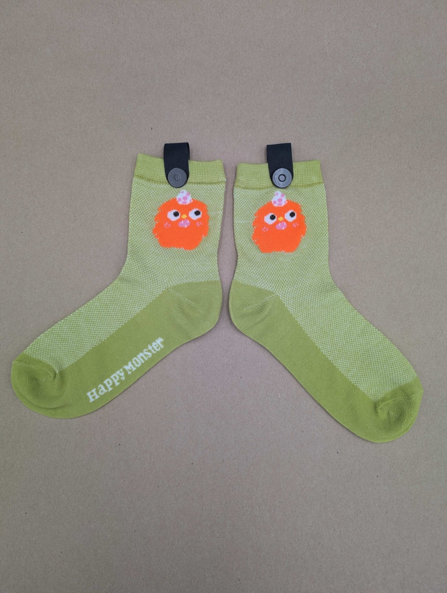 Happy Monster Green Kids Socks – Magnetic Lock and Loop Design - Le Loxx