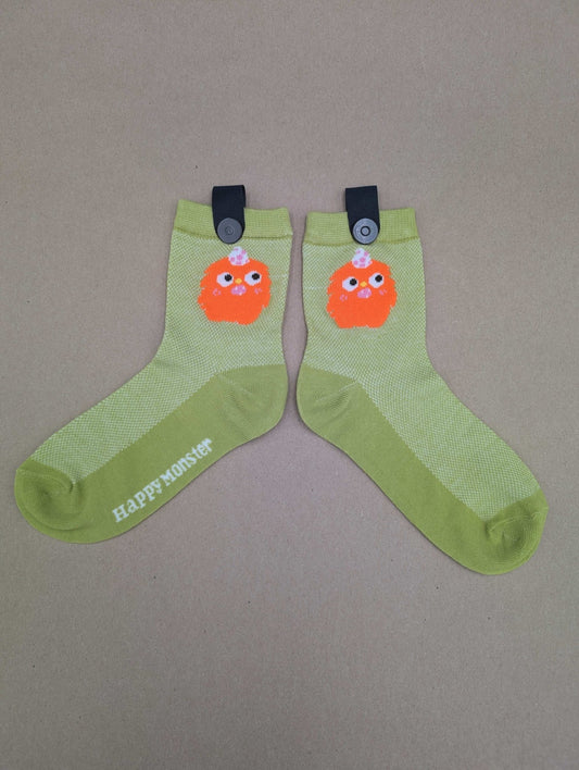 Happy Monster Green Kids Socks – Magnetic Lock and Loop Design - Le Loxx