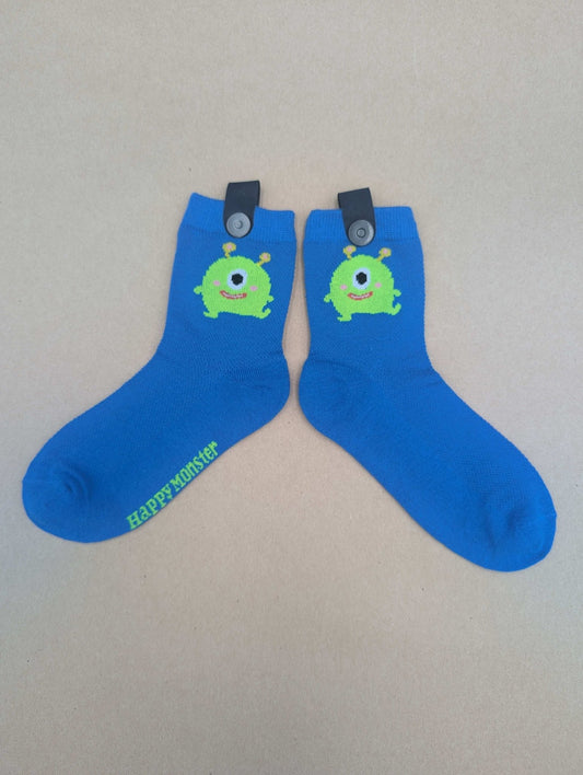 Happy Monster Blue Kids Socks – Magnetic Lock and Loop Design - Le Loxx
