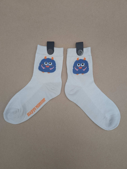 Happy Monster White Kids Socks – Magnetic Lock and Loop Design - Le Loxx