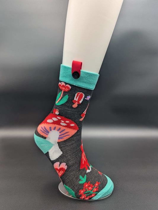 Mushroom Teal Novelty Crew Socks – Magnetic Lock and Loop Design - Le Loxx