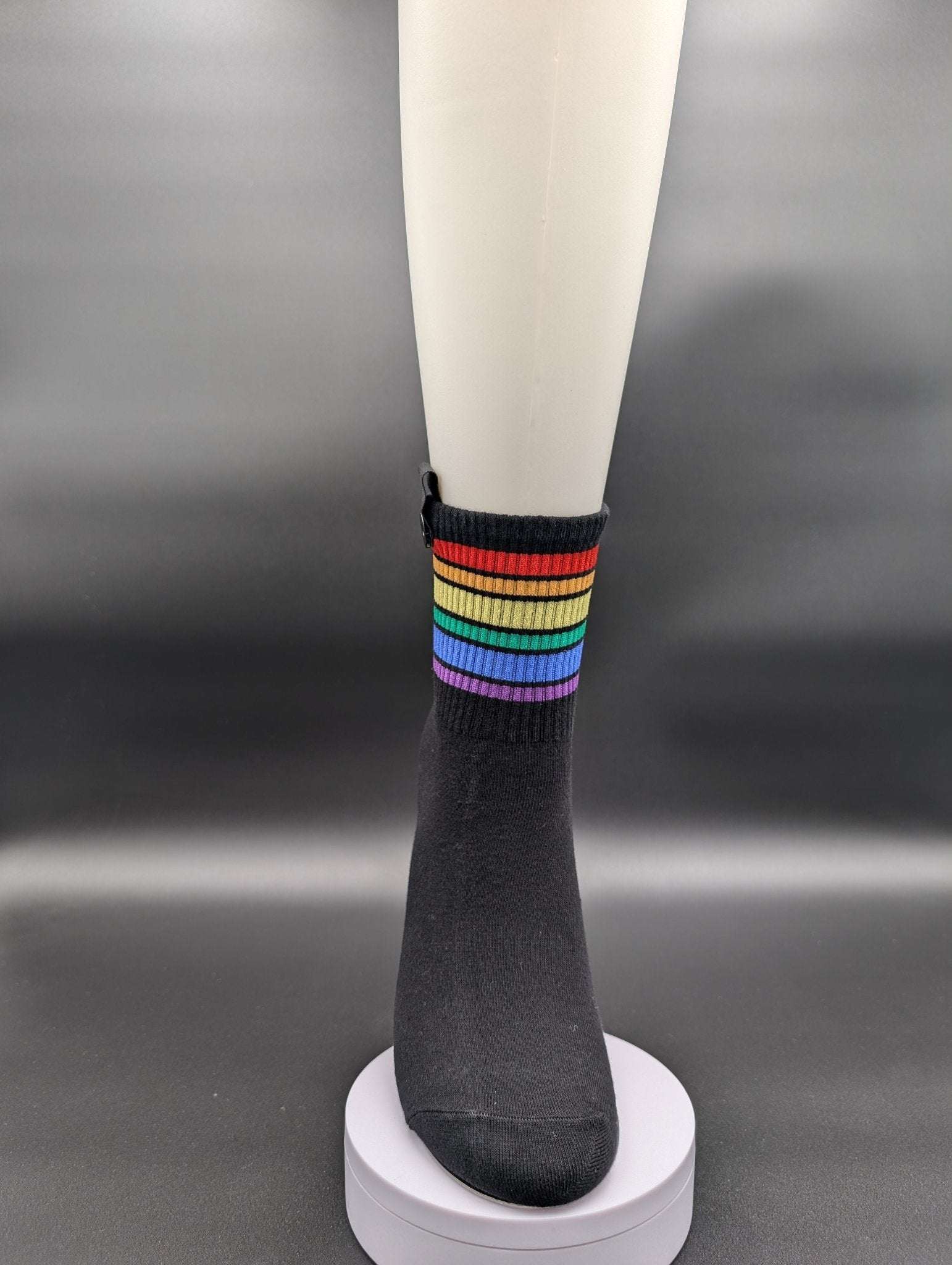 Rainbow Black Stripes High Ankle Socks – Magnetic Lock and Loop Design - Le Loxx