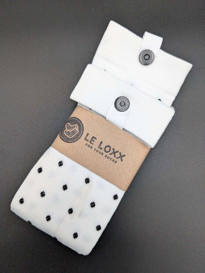 Montreal White Polka Dot Compression Socks – Magnetic Lock and Loop Design - Le Loxx