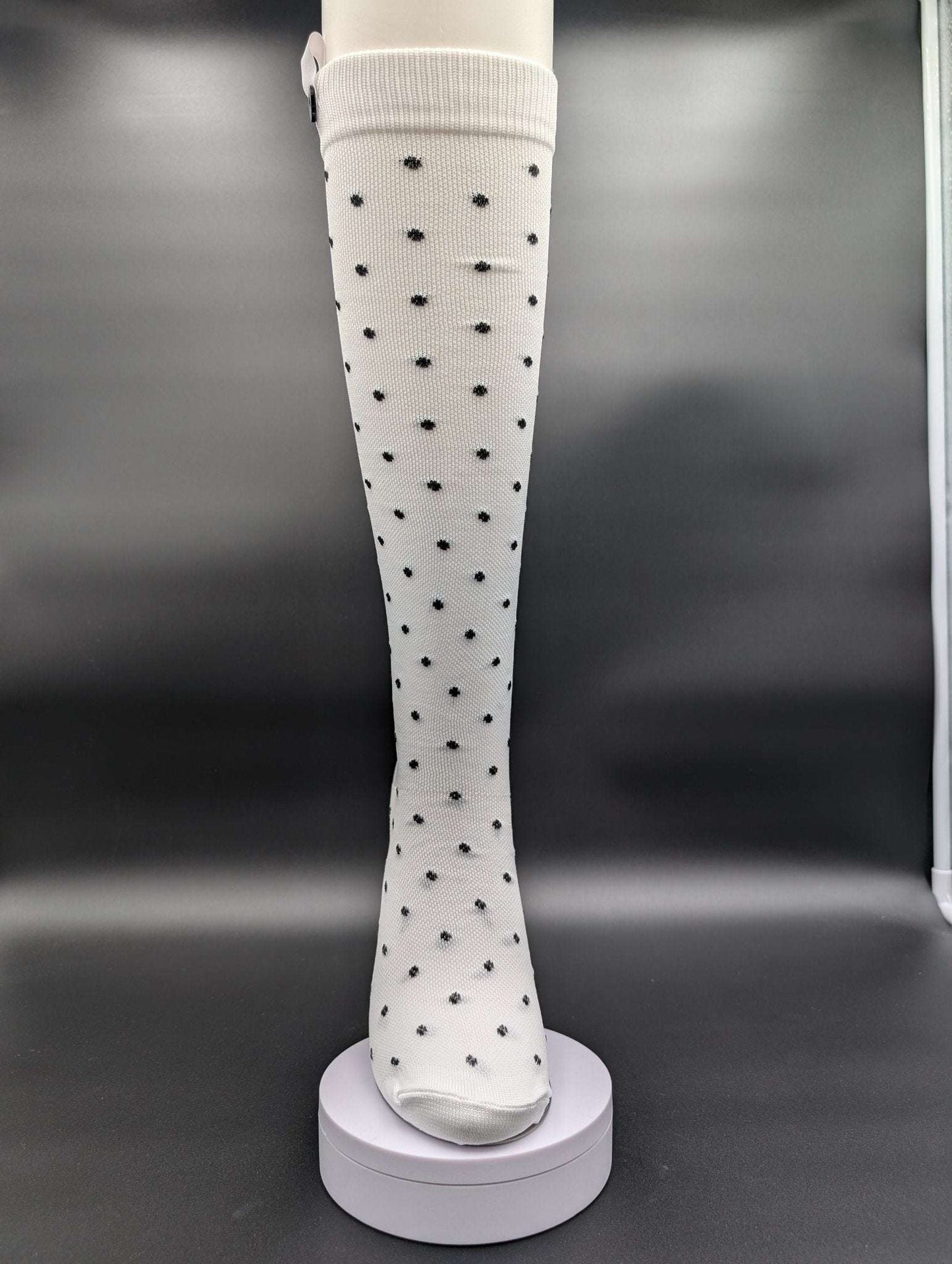 Montreal White Polka Dot Compression Socks – Magnetic Lock and Loop Design - Le Loxx