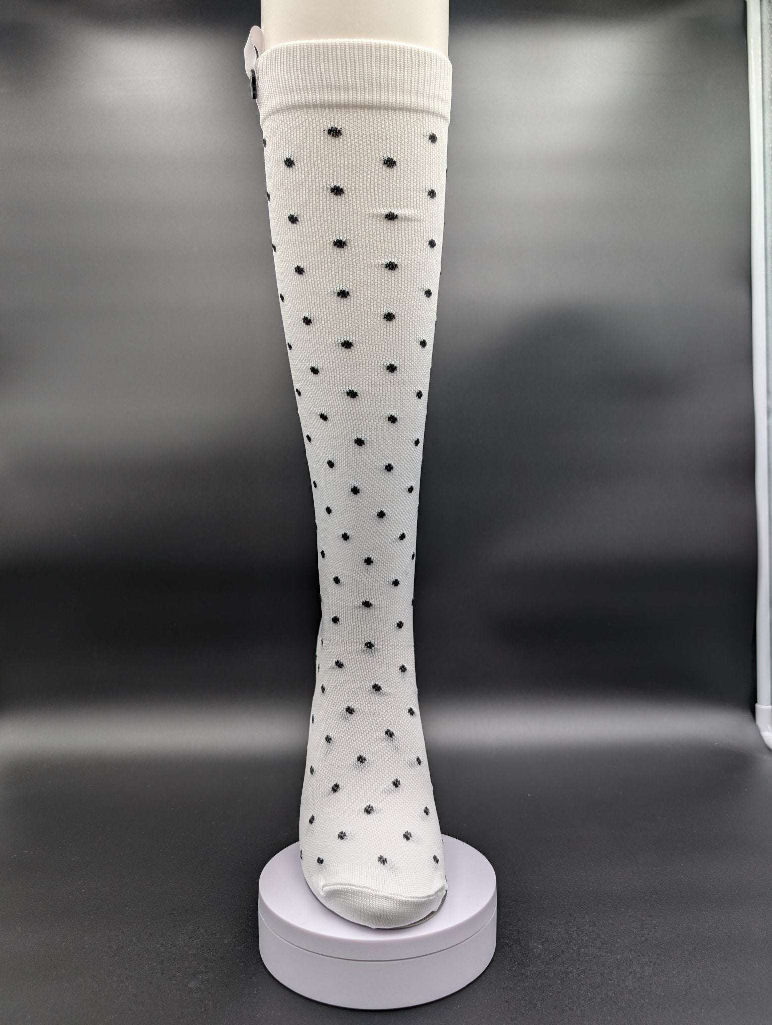 Montreal White Polka Dot Compression Socks – Magnetic Lock and Loop Design - Le Loxx