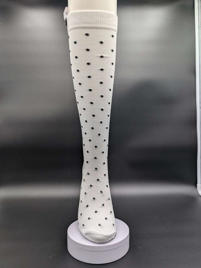 Montreal White Polka Dot Compression Socks – Magnetic Lock and Loop Design - Le Loxx