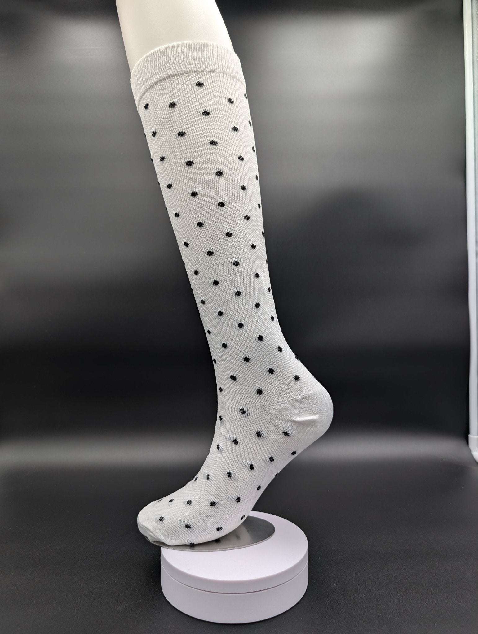 Montreal White Polka Dot Compression Socks – Magnetic Lock and Loop Design - Le Loxx