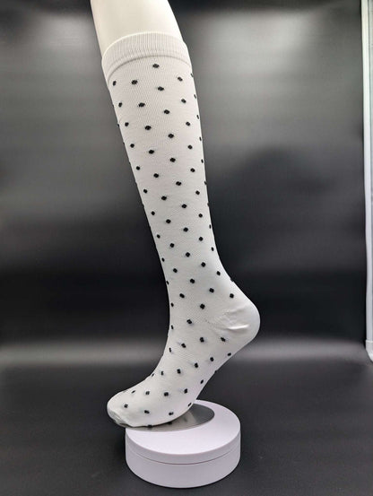Montreal White Polka Dot Compression Socks – Magnetic Lock and Loop Design - Le Loxx
