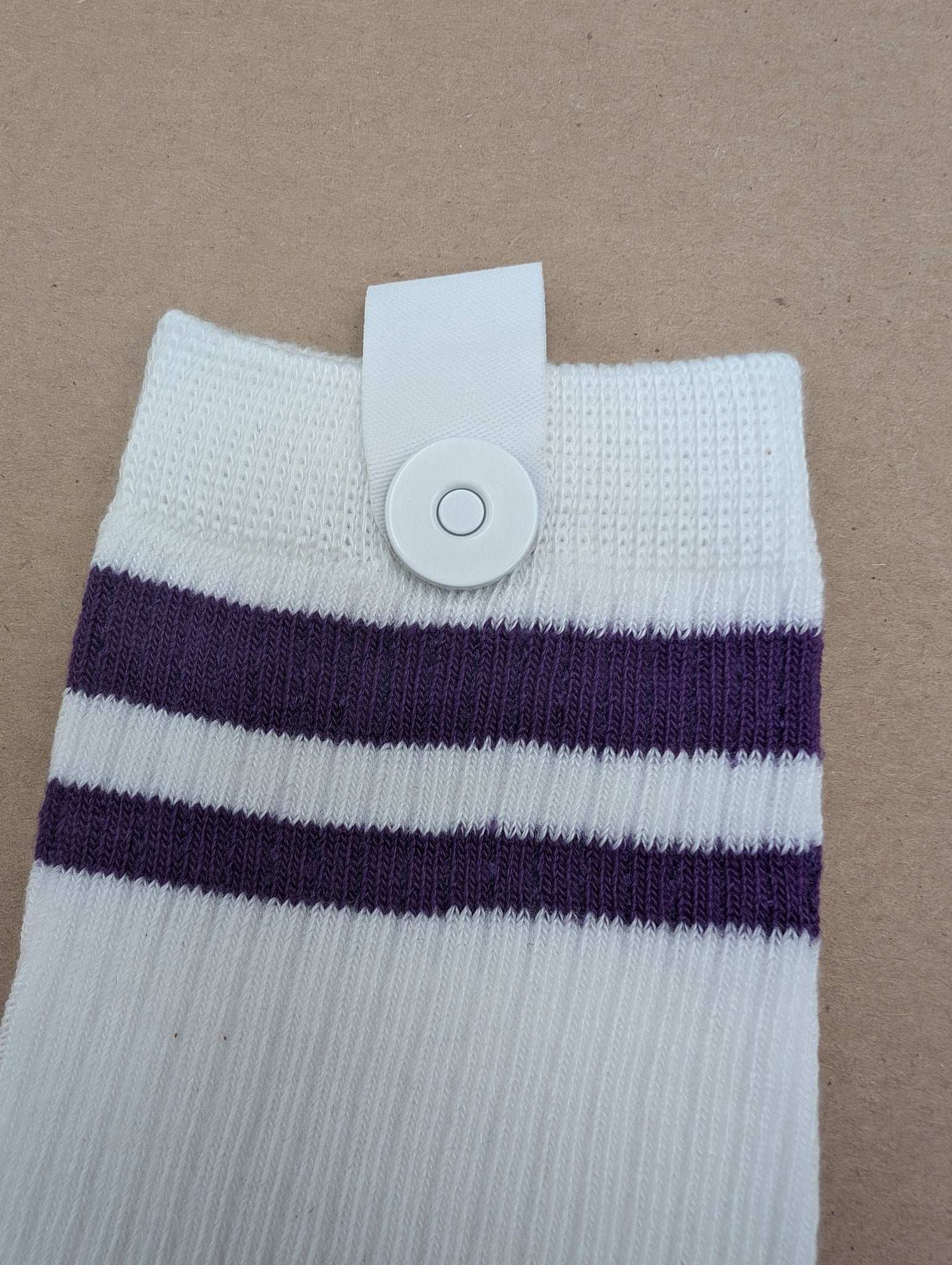 Noah Purple Stripes Kids Crew Socks – Magnetic Lock and Loop Design - Le Loxx
