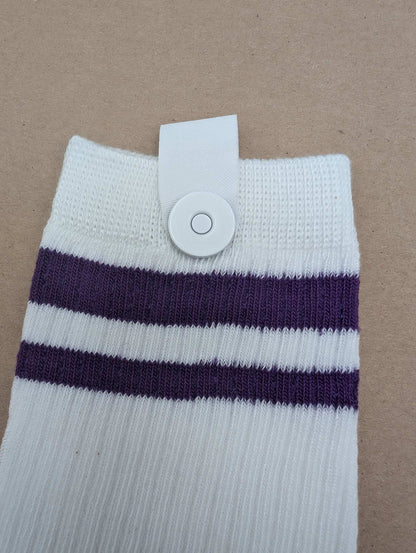 Noah Purple Stripes Kids Crew Socks – Magnetic Lock and Loop Design - Le Loxx